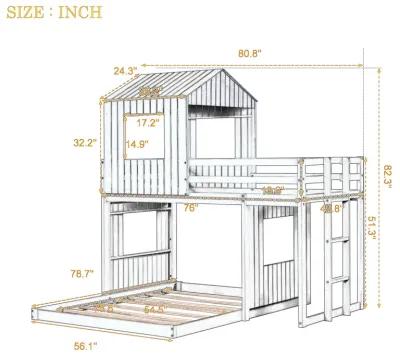 Wooden Twin Over Full Bunk Bed, Loft Bed With Playhouse, Farmhouse, Ladder And Guardrails, White