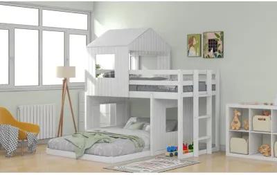 Wooden Twin Over Full Bunk Bed, Loft Bed With Playhouse, Farmhouse, Ladder And Guardrails, White