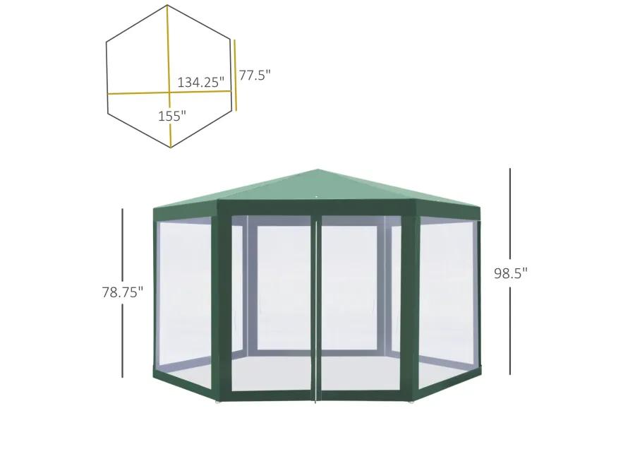 Outsunny 13' x 11' Outdoor Party Tent, Hexagon Sun Shade Shelter Canopy with Protective Mesh Screen Sidewalls, Ropes & Stakes, Green