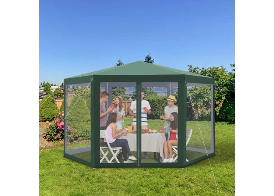 Outsunny 13' x 11' Outdoor Party Tent, Hexagon Sun Shade Shelter Canopy with Protective Mesh Screen Sidewalls, Ropes & Stakes, Green