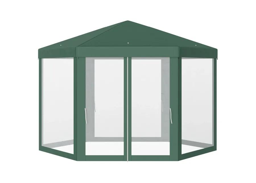 Outsunny 13' x 11' Outdoor Party Tent, Hexagon Sun Shade Shelter Canopy with Protective Mesh Screen Sidewalls, Ropes & Stakes, Green