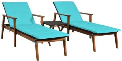 3 Pieces Portable Patio Cushioned Rattan Lounge Chair Set with Folding Table-Turquoise