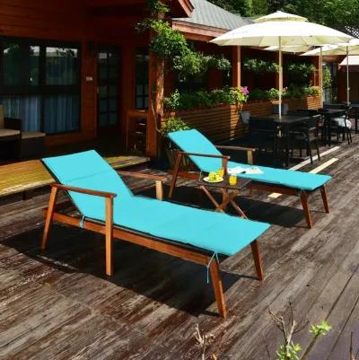 3 Pieces Portable Patio Cushioned Rattan Lounge Chair Set with Folding Table-Turquoise