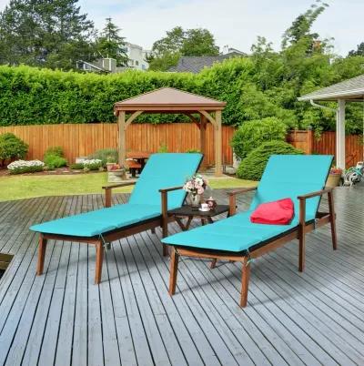 3 Pieces Portable Patio Cushioned Rattan Lounge Chair Set with Folding Table-Turquoise