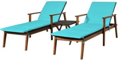 3 Pieces Portable Patio Cushioned Rattan Lounge Chair Set with Folding Table-Turquoise