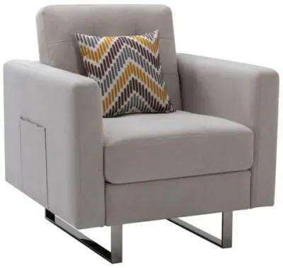 Victoria Linen Fabric Armchair With Metal Legs, Side Pockets, And Pillow