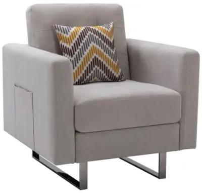 Victoria Linen Fabric Armchair With Metal Legs, Side Pockets, And Pillow