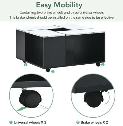 Modern 2-Layer Coffee Table With Casters, Square Cocktail Table With Removable Tray