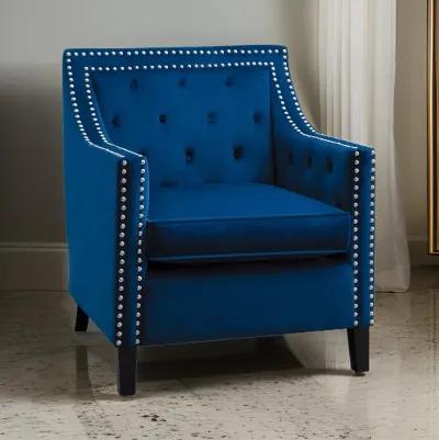 Soma 31 Inch Accent Armchair, Button Tufted Blue Velvet, Nailhead Trim - Benzara