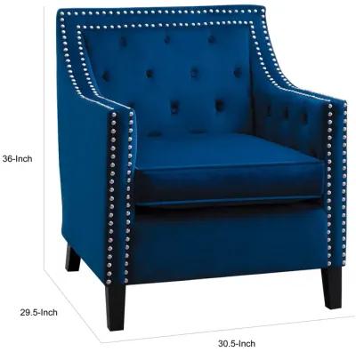 Soma 31 Inch Accent Armchair, Button Tufted Blue Velvet, Nailhead Trim - Benzara