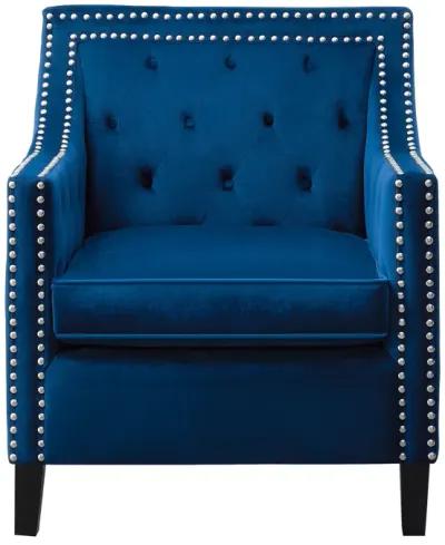 Soma 31 Inch Accent Armchair, Button Tufted Blue Velvet, Nailhead Trim - Benzara