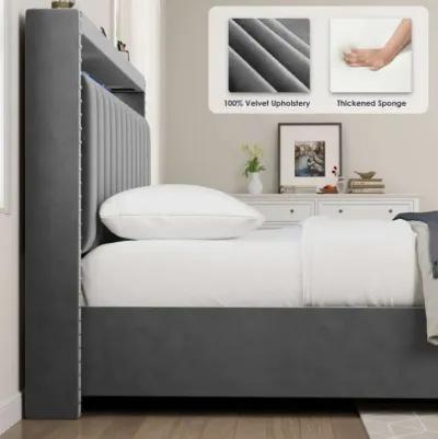 Luxury Gas Lift Storage Bed With Rf LED Lights, Storage Headboard, King Size, Velvet Grey