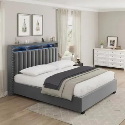 Luxury Gas Lift Storage Bed With Rf LED Lights, Storage Headboard, King Size, Velvet Grey