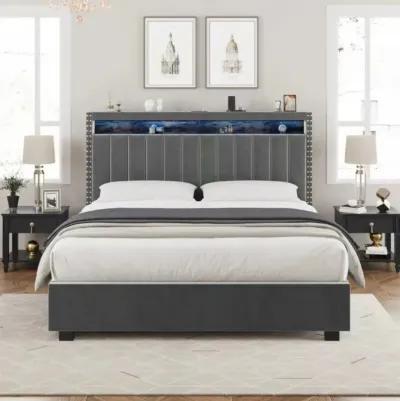 Luxury Gas Lift Storage Bed With Rf LED Lights, Storage Headboard, King Size, Velvet Grey