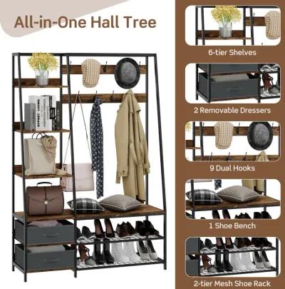 6-in-1 Freestanding Hall Tree Coat Rack with Bench and Fabric Dressers-Rustic Brown