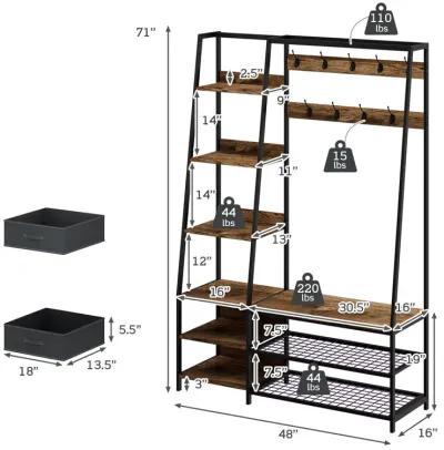 6-in-1 Freestanding Hall Tree Coat Rack with Bench and Fabric Dressers-Rustic Brown