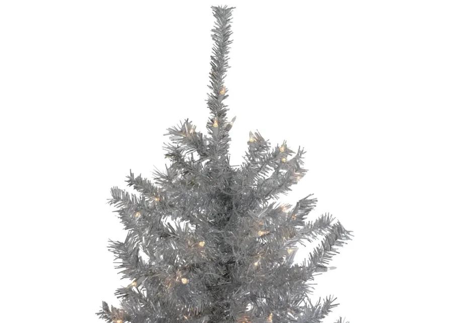 7.5' Pre-Lit Silver Tinsel Pine Slim Artificial Christmas Tree - Clear Lights