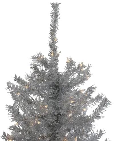 7.5' Pre-Lit Silver Tinsel Pine Slim Artificial Christmas Tree - Clear Lights