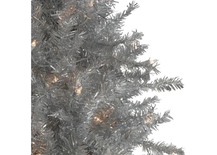 7.5' Pre-Lit Silver Tinsel Pine Slim Artificial Christmas Tree - Clear Lights