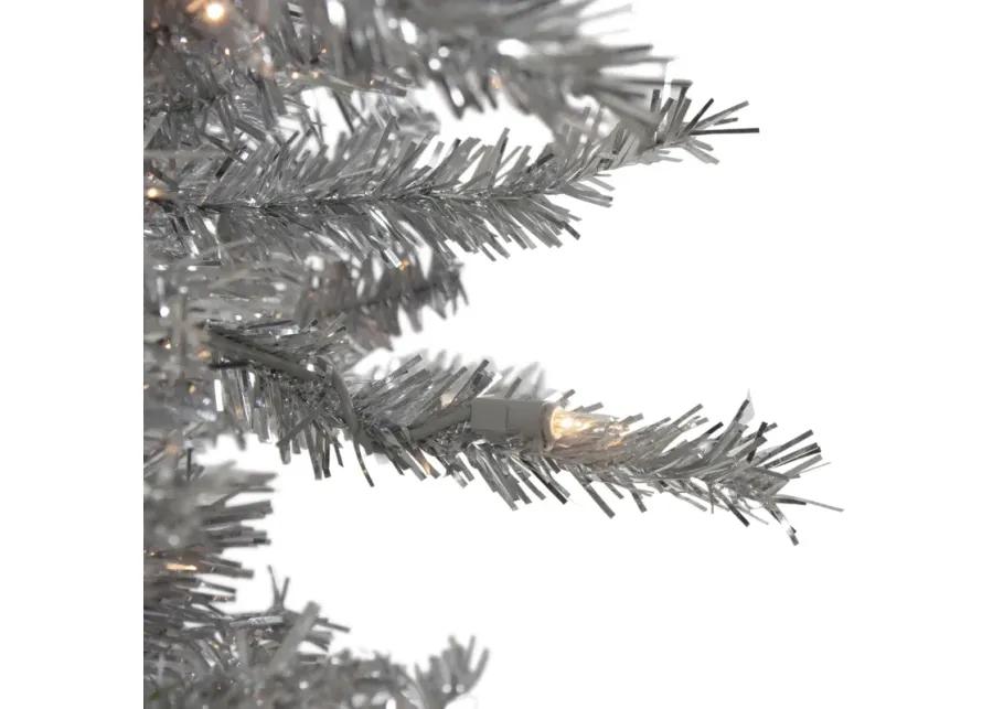 7.5' Pre-Lit Silver Tinsel Pine Slim Artificial Christmas Tree - Clear Lights