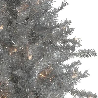 7.5' Pre-Lit Silver Tinsel Pine Slim Artificial Christmas Tree - Clear Lights