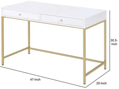 Two Drawers Wooden Desk with Tubular Metal Base, White and Gold-Benzara