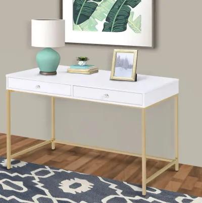 Two Drawers Wooden Desk with Tubular Metal Base, White and Gold-Benzara