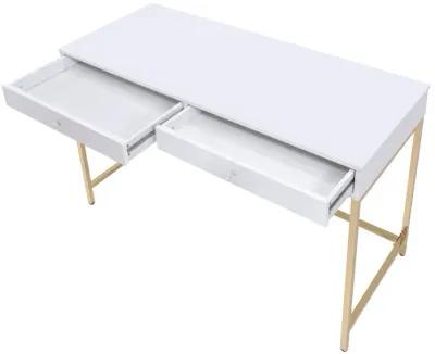 Two Drawers Wooden Desk with Tubular Metal Base, White and Gold-Benzara