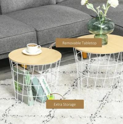 White/Natural Side Tables: Set of 2 Nesting Tables with Removable Top