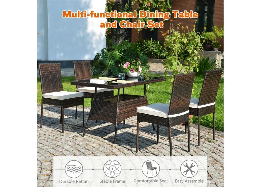 5 Pieces Rattan Dining Set Glass Table High Back Chair