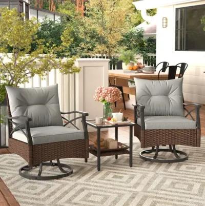 Hivvago 3 Pieces Outdoor Swivel Rocking Chairs Set with 2-Tier Tempered Glass Side Table