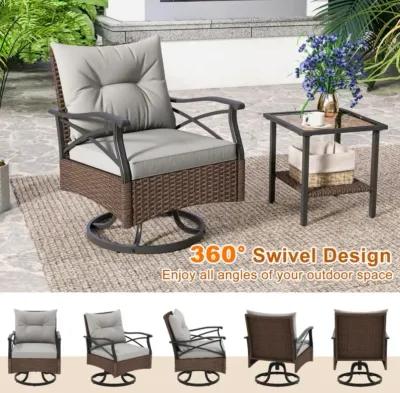 Hivvago 3 Pieces Outdoor Swivel Rocking Chairs Set with 2-Tier Tempered Glass Side Table