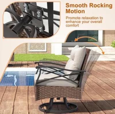 Hivvago 3 Pieces Outdoor Swivel Rocking Chairs Set with 2-Tier Tempered Glass Side Table