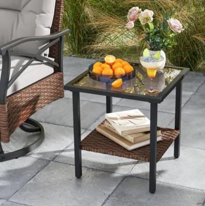 Hivvago 3 Pieces Outdoor Swivel Rocking Chairs Set with 2-Tier Tempered Glass Side Table