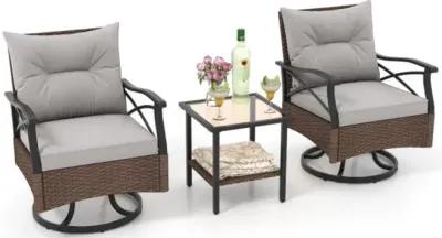 Hivvago 3 Pieces Outdoor Swivel Rocking Chairs Set with 2-Tier Tempered Glass Side Table