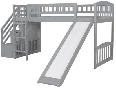 Stairway Twin Size Loft Bed With Two Drawers And Slide