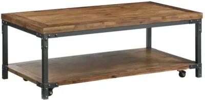 Rustic-Industrial Cocktail Table - Mixed Media Styling, Antiqued Honey Finish, Bottom Shelf - Attitude and Functionality