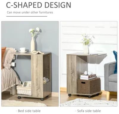 Grey Wheeled End Table: C-Shape Sofa Side Table for Living Room