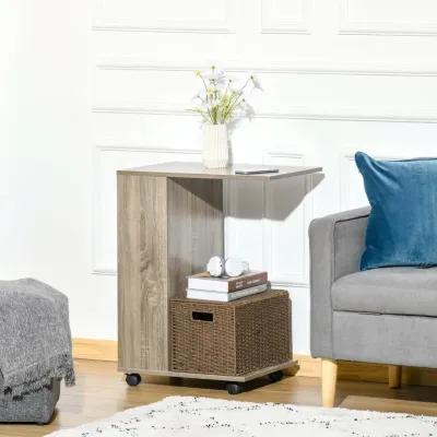 Grey Wheeled End Table: C-Shape Sofa Side Table for Living Room