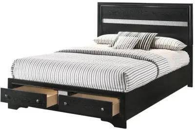 Benjara Regi King Size Bed, 2 Storage Drawers, Striped Headboard, Wood, Black and Silver