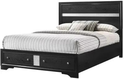 Benjara Regi King Size Bed, 2 Storage Drawers, Striped Headboard, Wood, Black and Silver