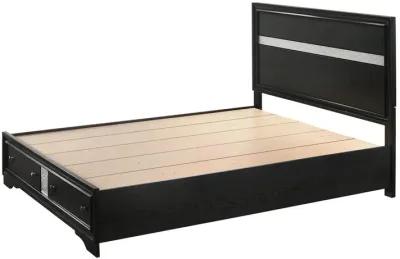 Benjara Regi King Size Bed, 2 Storage Drawers, Striped Headboard, Wood, Black and Silver