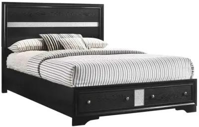 Benjara Regi King Size Bed, 2 Storage Drawers, Striped Headboard, Wood, Black and Silver