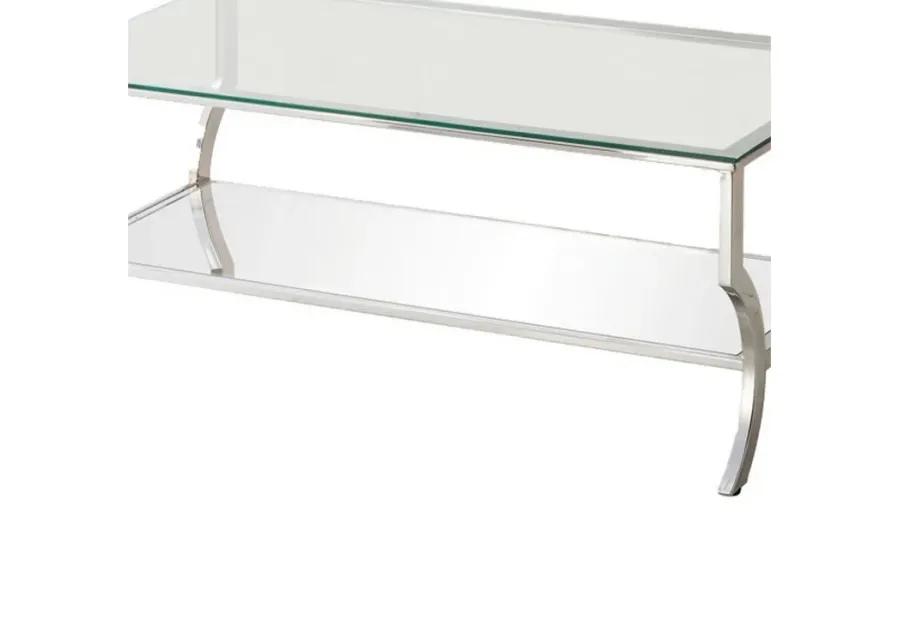 Glass Top Coffee Table with Metal Frame and Mirror Shelf, Chrome - Benzara