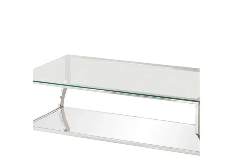 Glass Top Coffee Table with Metal Frame and Mirror Shelf, Chrome - Benzara