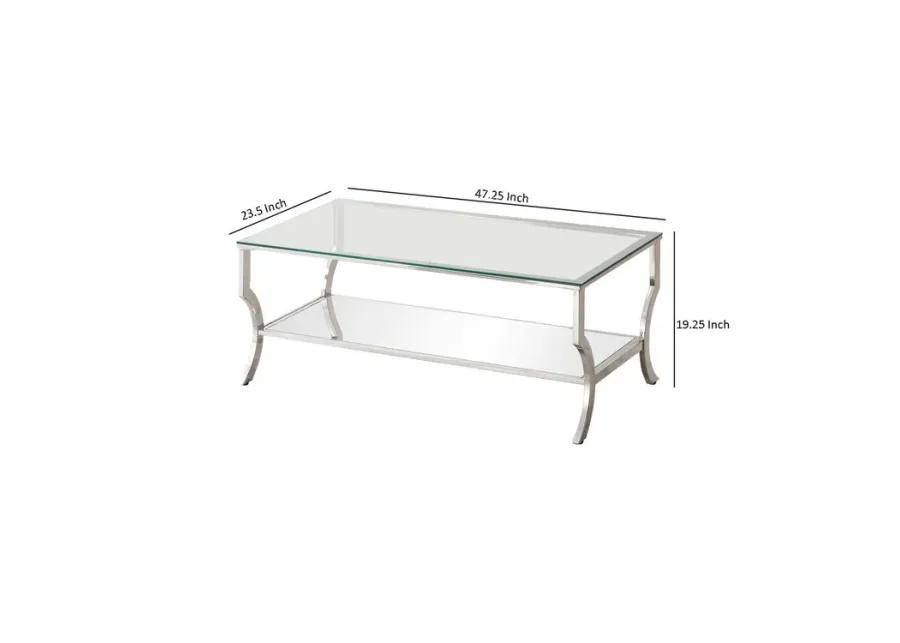 Glass Top Coffee Table with Metal Frame and Mirror Shelf, Chrome - Benzara