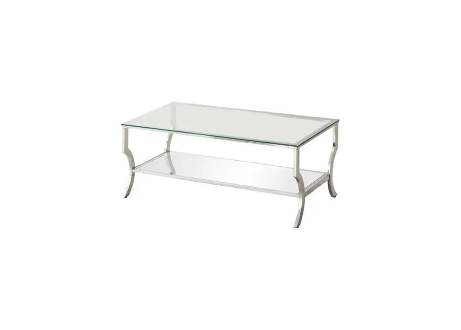 Glass Top Coffee Table with Metal Frame and Mirror Shelf, Chrome - Benzara