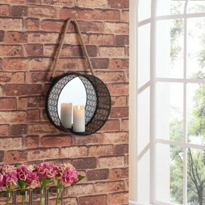 Round Mirror Pillar Candle Sconce with Filigree Metal Frame and Hanging Rope