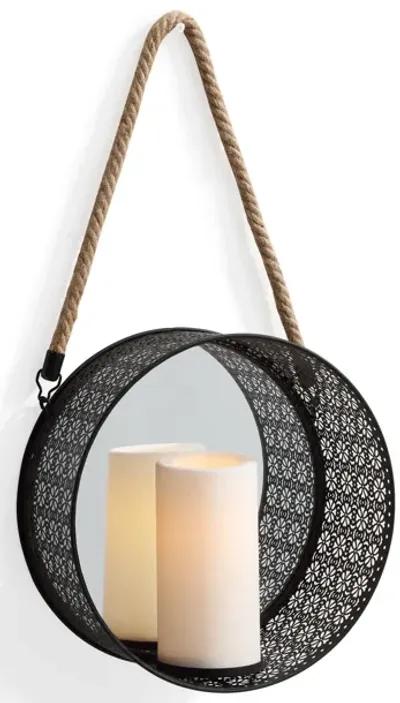 Round Mirror Pillar Candle Sconce with Filigree Metal Frame and Hanging Rope