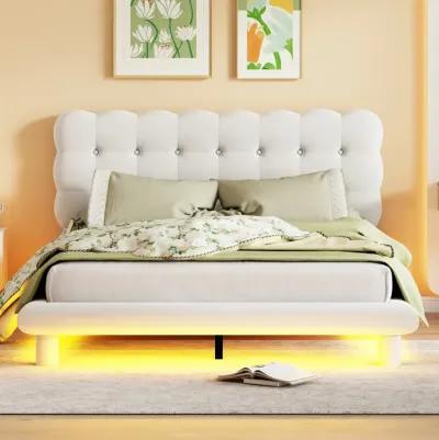 Queen Size Velvet Platform Bed With LED Frame, Thick Soft Fabric And Buttontufted Design Headboard